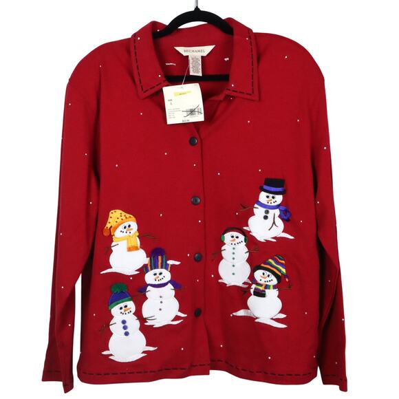 NWT Bechamel Red Christmas Sweater Button Down Snowman Embroidered Large - Picture 1 of 8